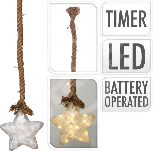 Osvětlení  LED HVĚZDA velikost 20cm, na laně 95cm s časovačem, skleněná perleťová
