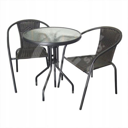 Zahradní set ratan (stůl, 2 židle), béžový/černý, plast-sklo-kov