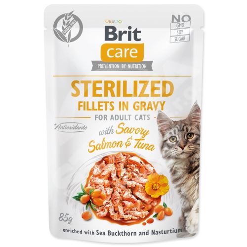 Kapsička Brit Care Cat Sterilized losos a tuňák, filety v omáčce 85g