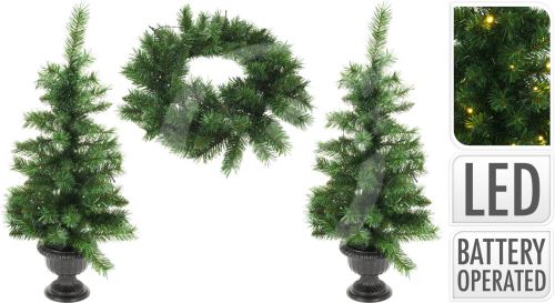Vánoční sada (2xstromek 90cm v květníku,1xvěnec 53cm+osvětlení) zelená