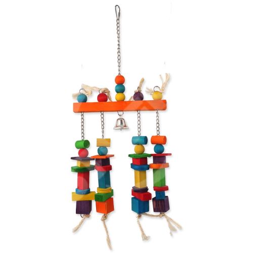 Hračka BIRD JEWEL závěsná barevná - hrazda s dřívky a zvonečkem 55 cm