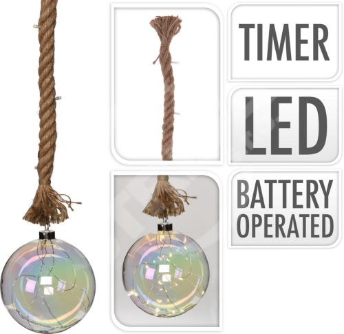 Osvětlení LED KOULE průměr 20cm, na laně 95cm s časovačem, skleněná perleťová