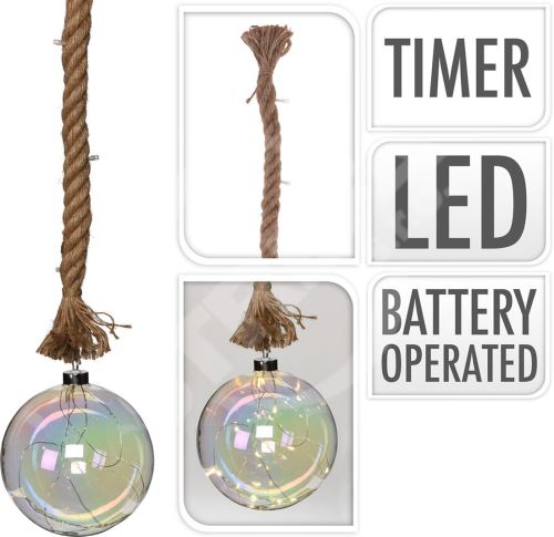 Osvětlení LED KOULE průměr 15cm, na laně 95cm s časovačem, skleněná perleťová